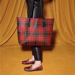 NWT Coach Highline Plaid Print Coated Canvas Tote Bag- Red (CF232)